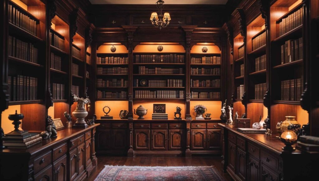 A home library with custom-built wooden bookshelves filled with classic books.