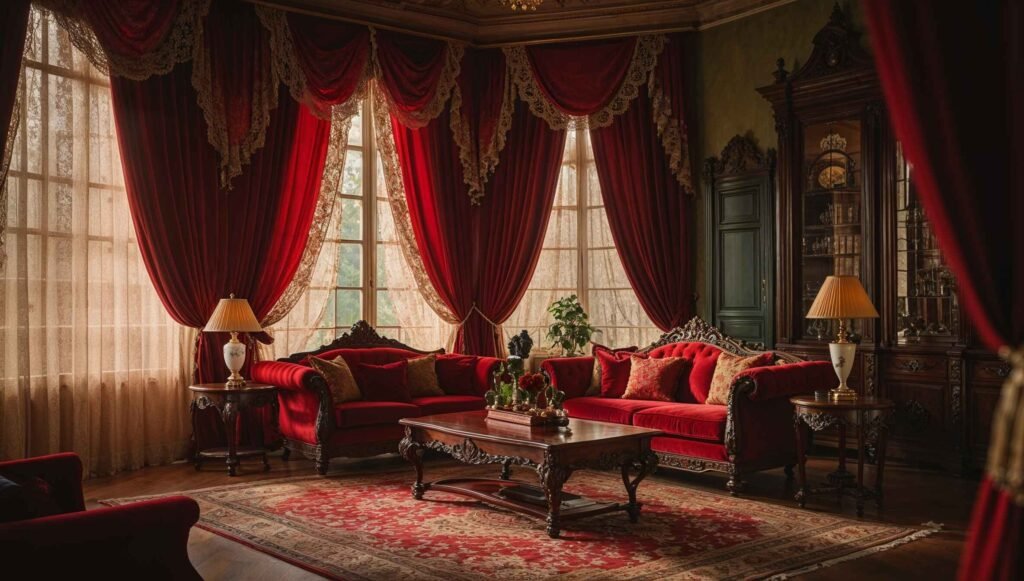 Deep red velvet drapes with lace sheers in a traditional living room.