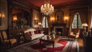 A luxurious traditional living room with antique furniture, Persian rugs, and a grand fireplace.