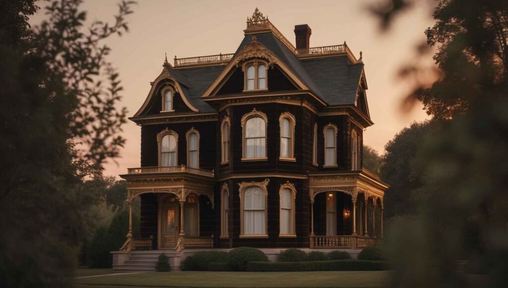 Victorian house in espresso brown, gold, and ivory