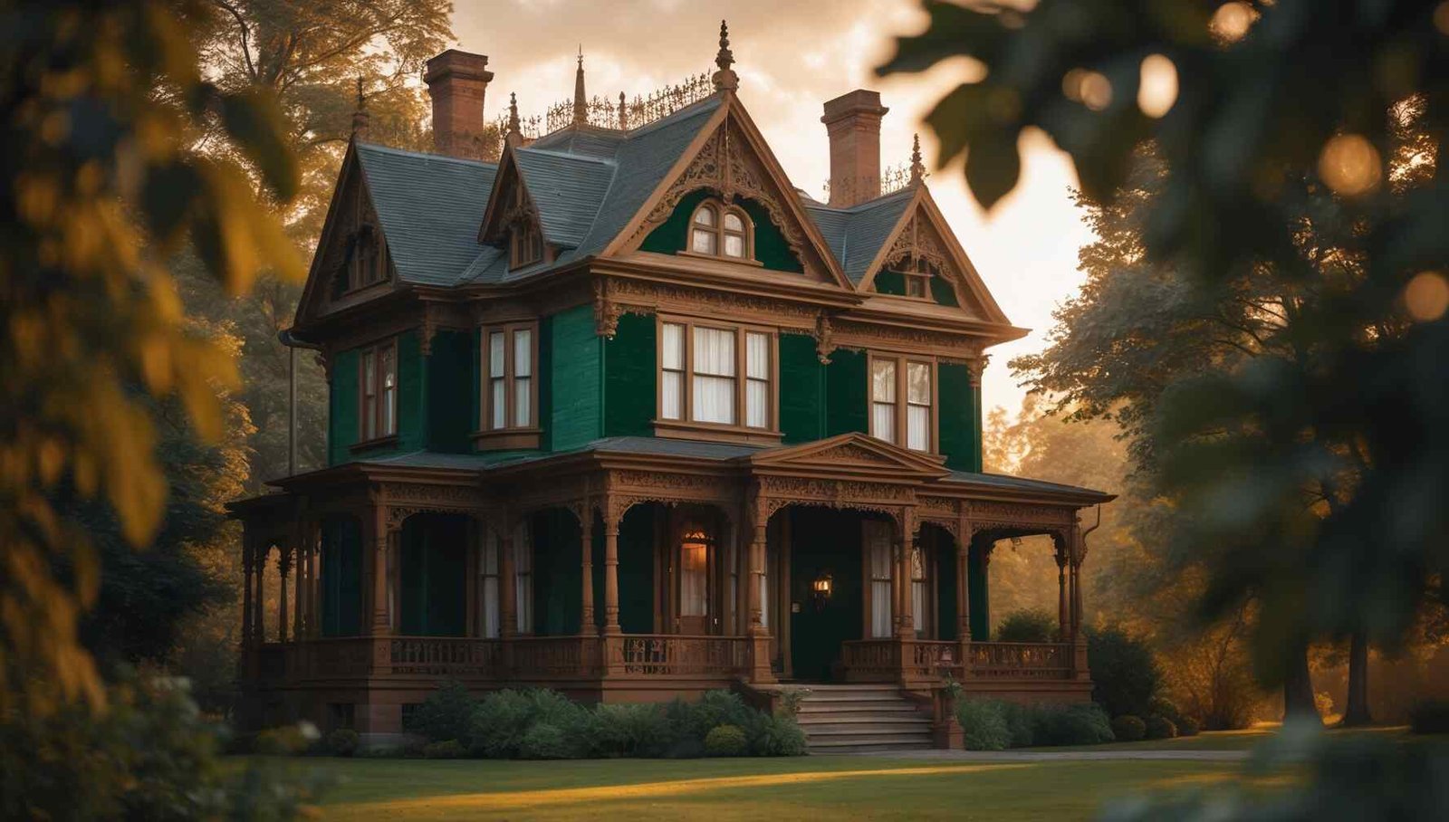 Victorian house in forest green and chestnut brown