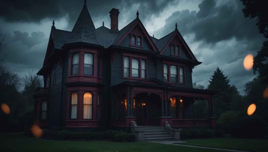 Dark Victorian home paint scheme in black, burgundy, and charcoal