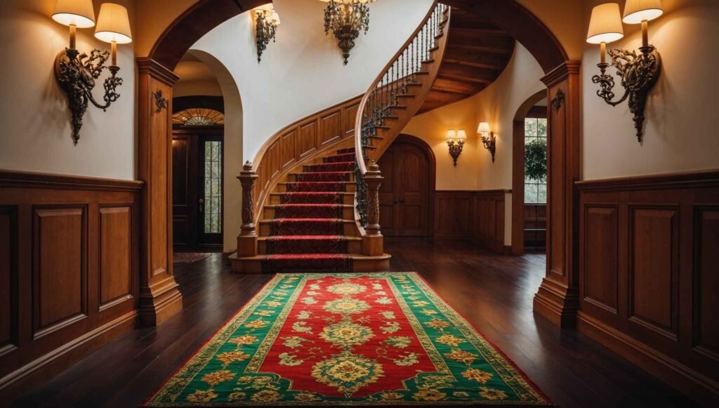 A curved wooden staircase with a Persian runner rug in a traditional home.