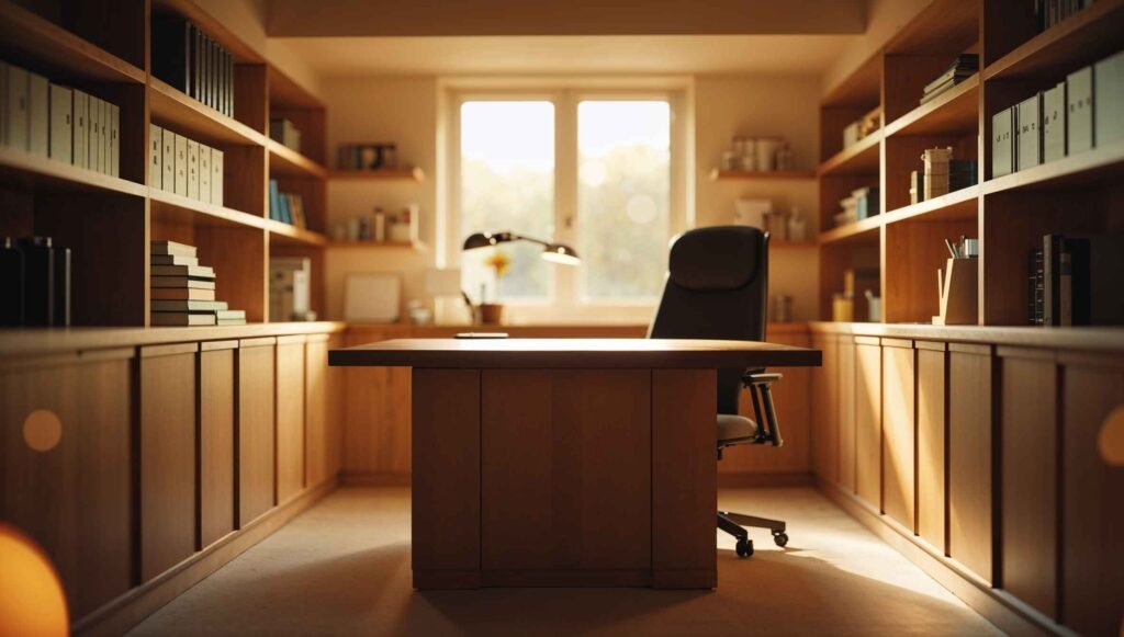 Basement home office with large desk and ergonomic chair