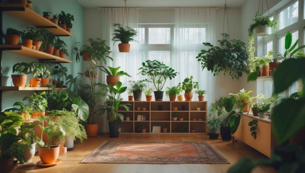 An indoor garden with potted plants on shelves, a small tree, and hanging plants in a bright living room.