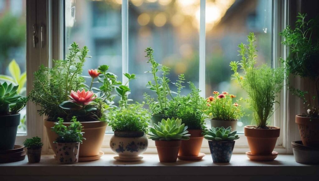 An indoor house garden featuring herbs, succulents, and flowers on a bright windowsill with natural light.