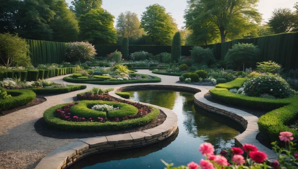 A large landscaped garden with winding paths, flower beds, shrubs, and a small pond, showcasing a beautiful design.