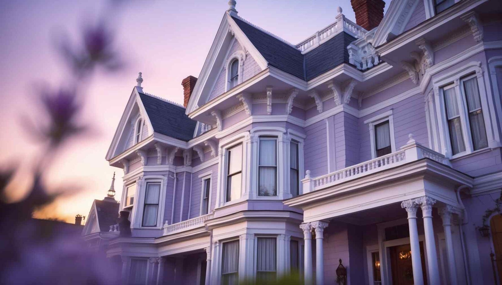 Victorian home with lavender and dove gray exterior