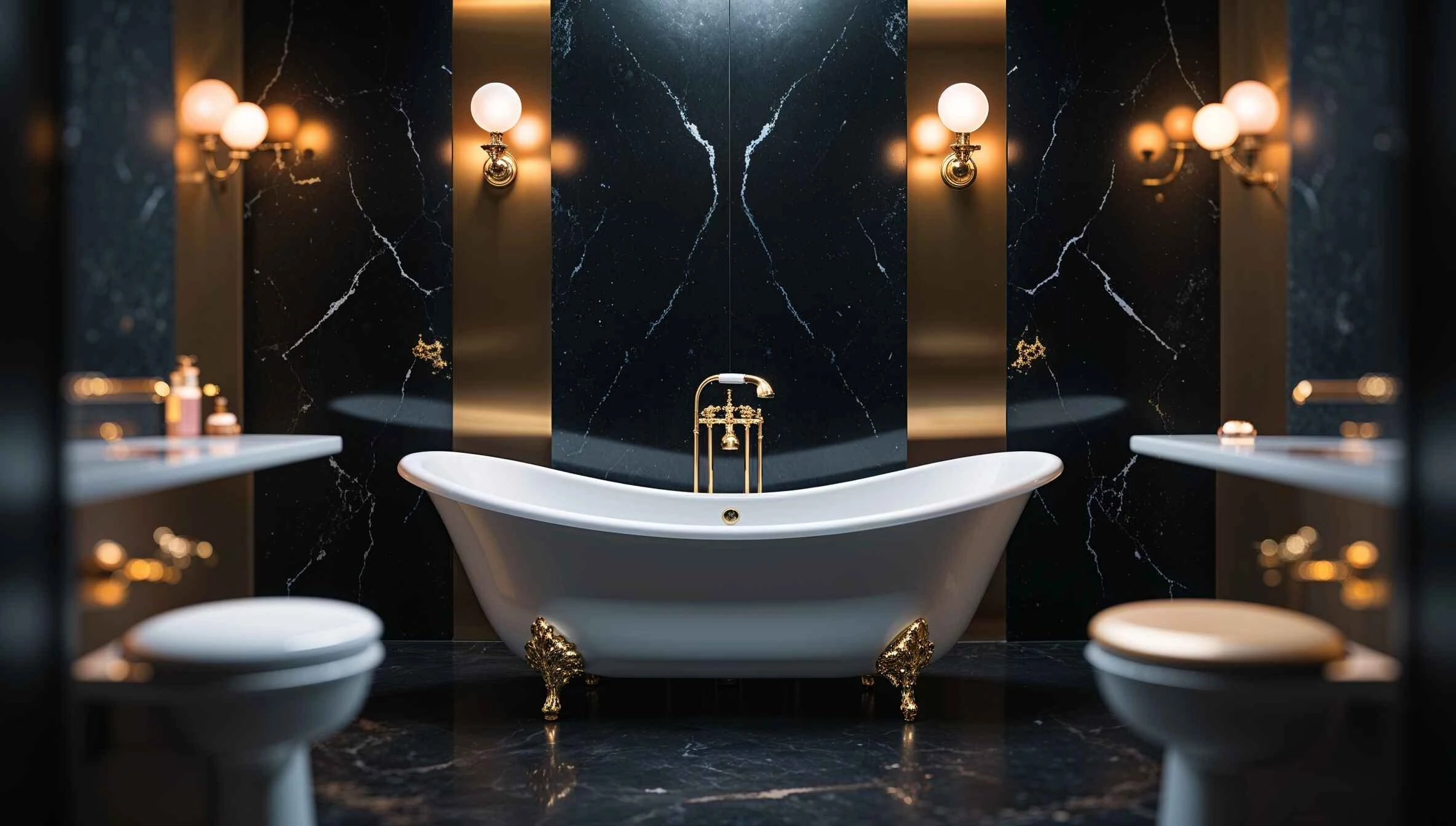 A high-end bathroom with black interior design featuring marble walls, a white bathtub, and gold fixtures.