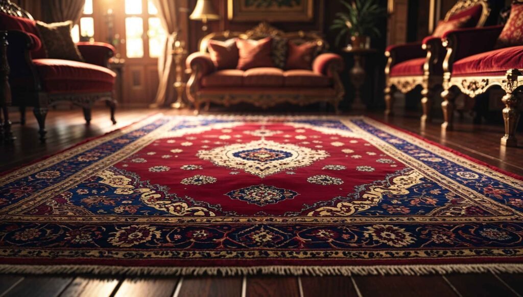 A Persian rug with red and blue patterns in a traditional living room.