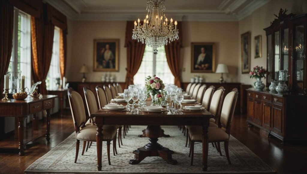 A classic dining room with a wooden table, upholstered chairs, and a chandelier.