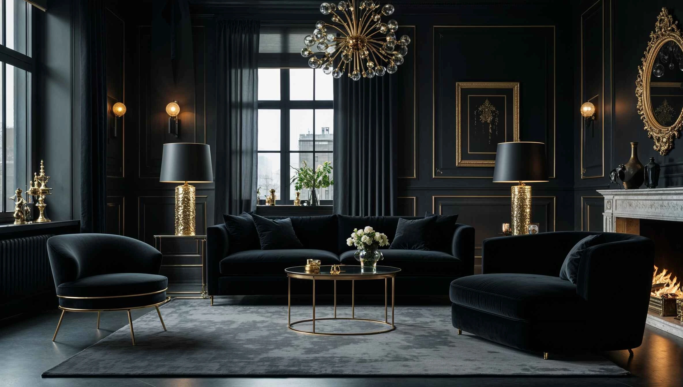 A stunning modern black interior design living room with matte black walls, gold accents, and elegant furniture.