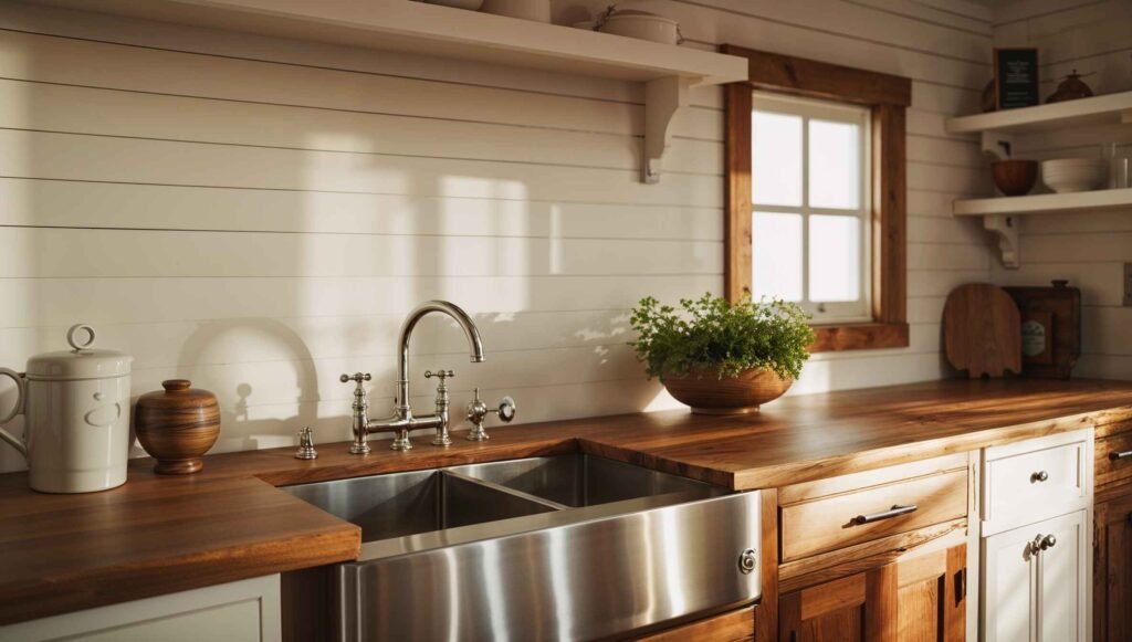 Farmhouse kitchen with shiplap walls and wooden accents - Kitchen Decorating Ideas