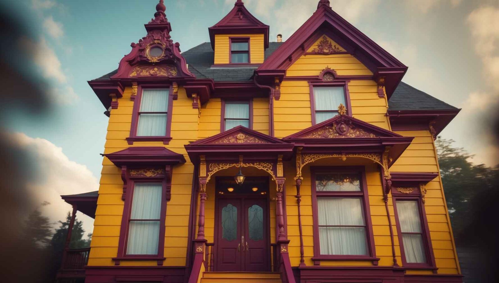 Victorian home in mustard yellow and maroon