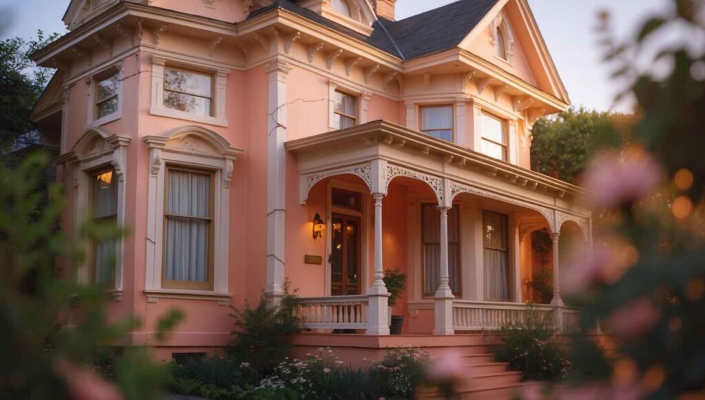 Victorian home in soft peach, cream, and white