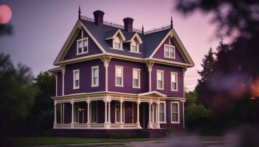 Victorian home with deep plum, ivory, and gray