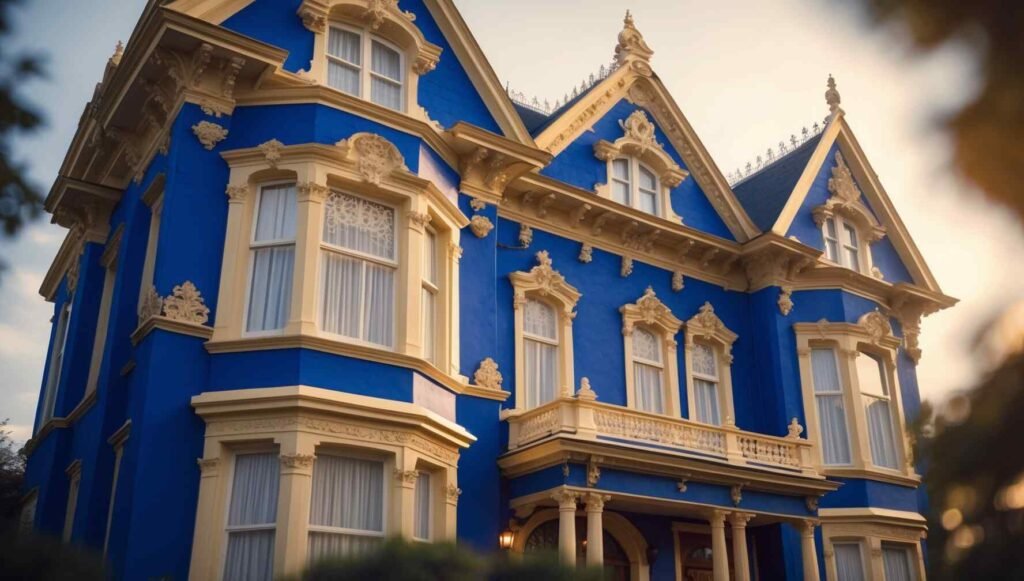 Victorian home in royal blue, gold, and cream