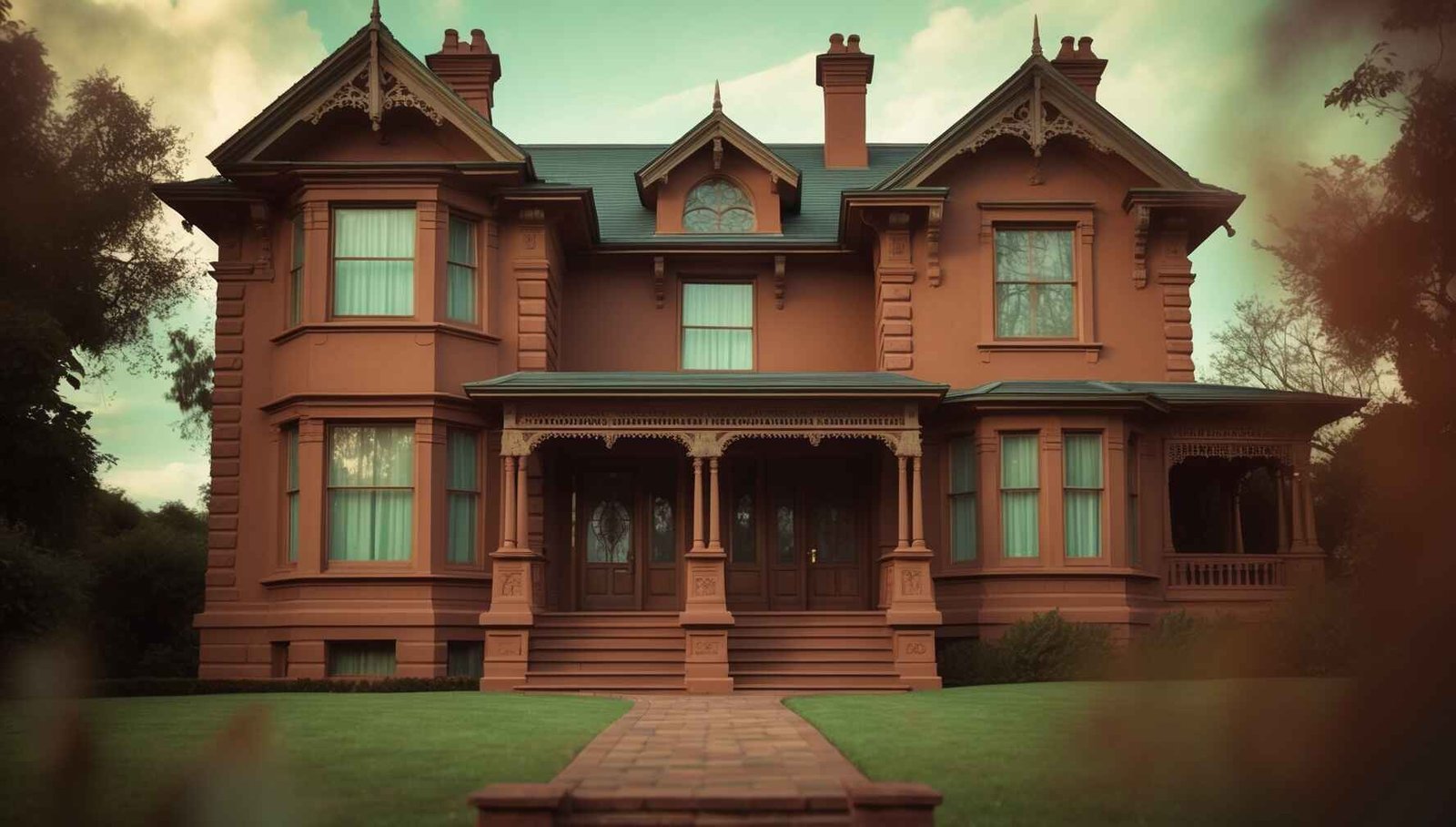 Victorian house in chocolate brown, terracotta, and sage green