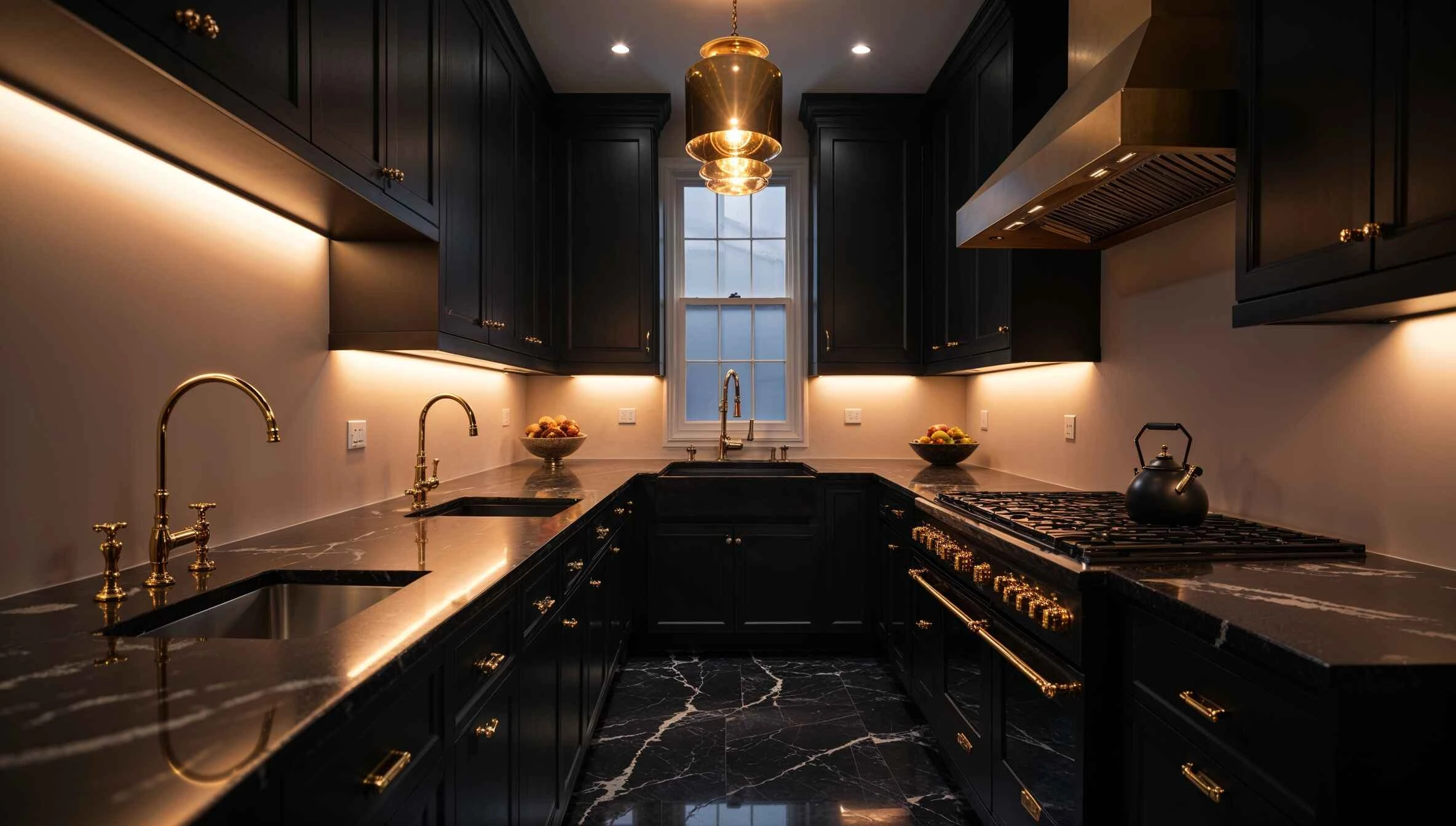 A luxurious black interior design kitchen featuring matte black cabinets, marble countertops, and gold fixtures.