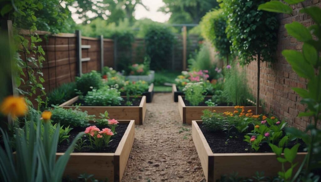 A small yard garden with raised beds, flowering plants, and a neatly designed garden path.