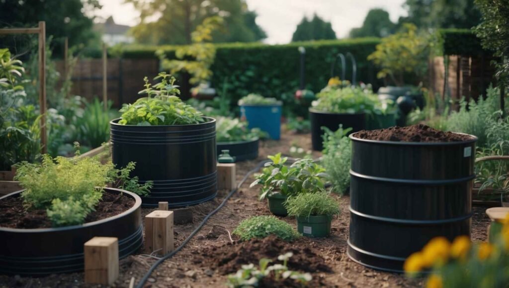 A sustainable garden featuring compost bins, rainwater harvesting barrels, and native plants in a well-maintained eco-friendly space.