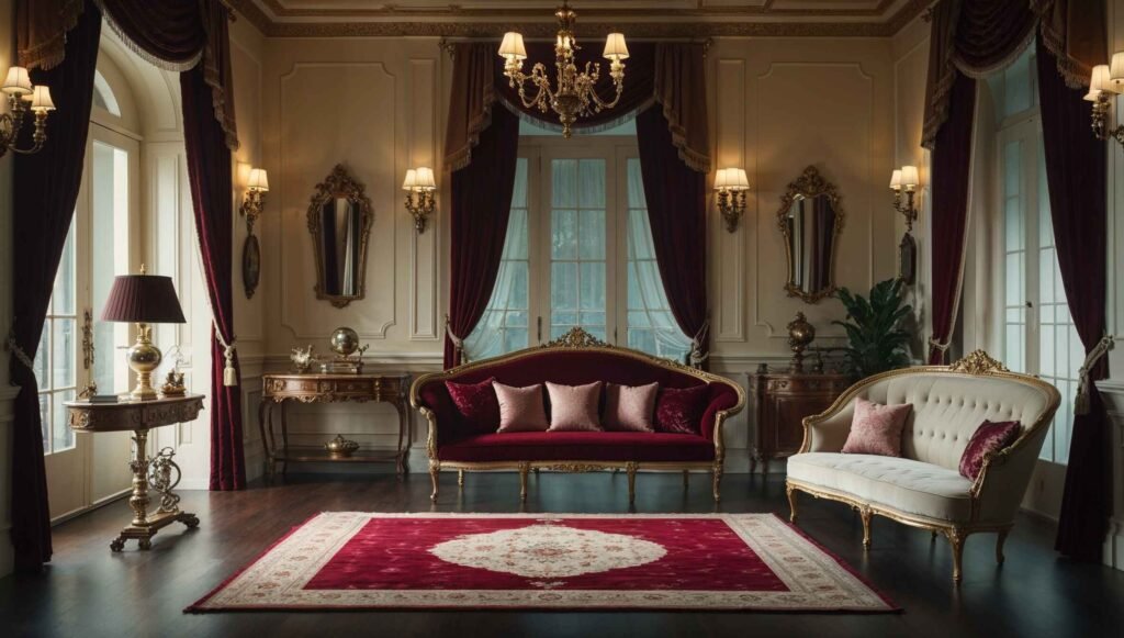 A traditional room with beige walls, burgundy accents, and gold trim.