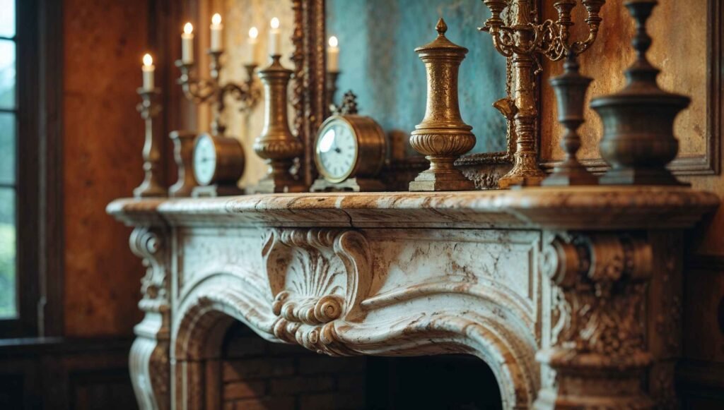 Classic marble fireplace with an antique wooden mantel.