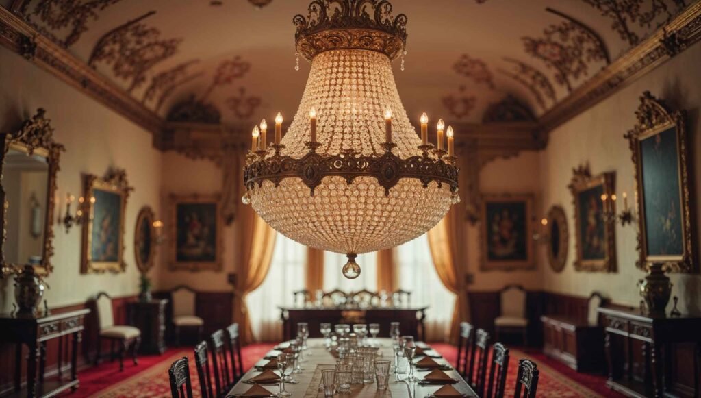 Ornate chandelier in a traditional dining room with elegant decor.