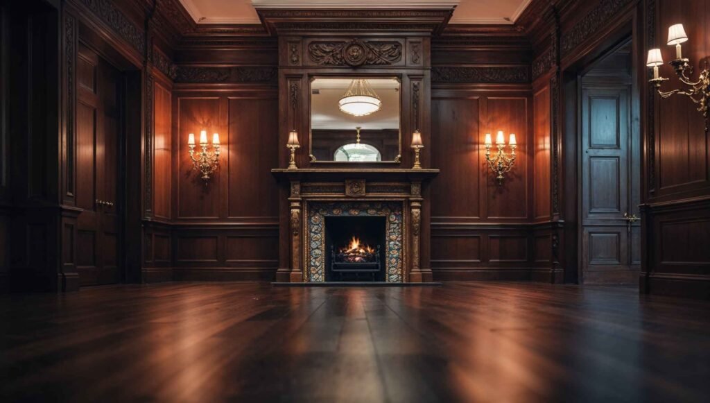 Rich oak wood paneling with decorative molding in a traditional home.