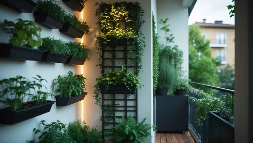 A vertical garden with plants growing on wall-mounted planters and a trellis, creating a lush green living wall in an urban balcony.