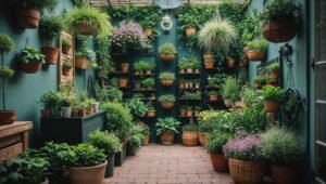 A vibrant garden showcasing container gardening, vertical gardening, and lush greenery in both small and large spaces, with potted plants and wall-mounted planters.