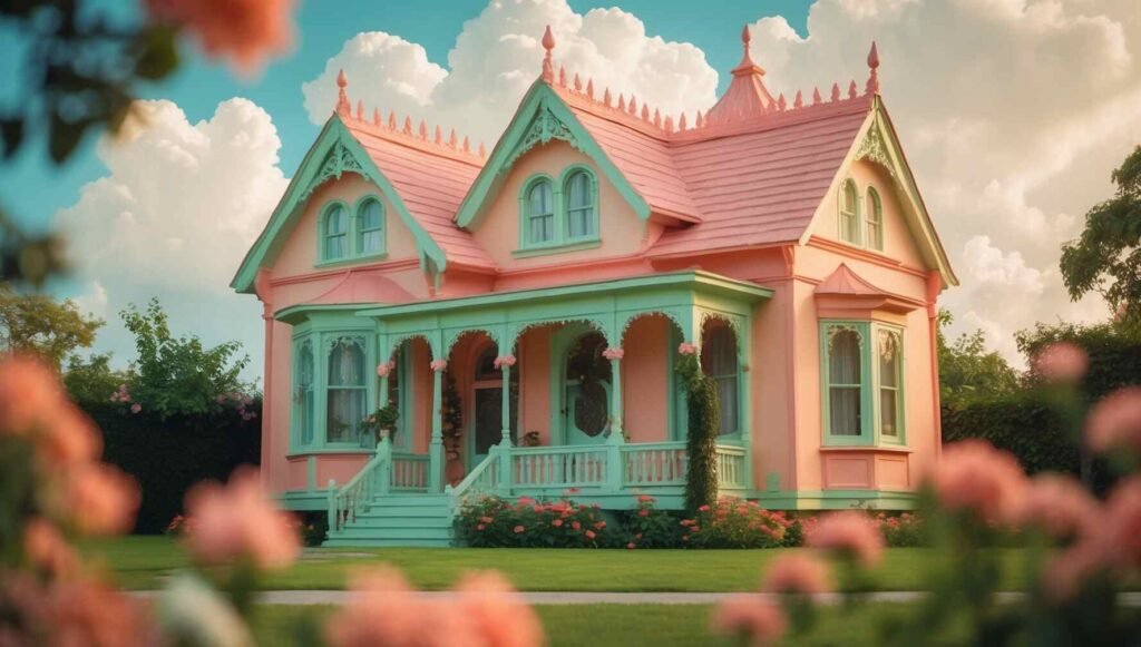 Victorian home in peach, mint green, and soft coral