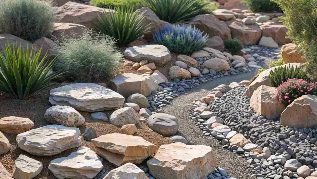 A beautifully designed rock garden with large and small landscaping stones, plants, and a dry riverbed.