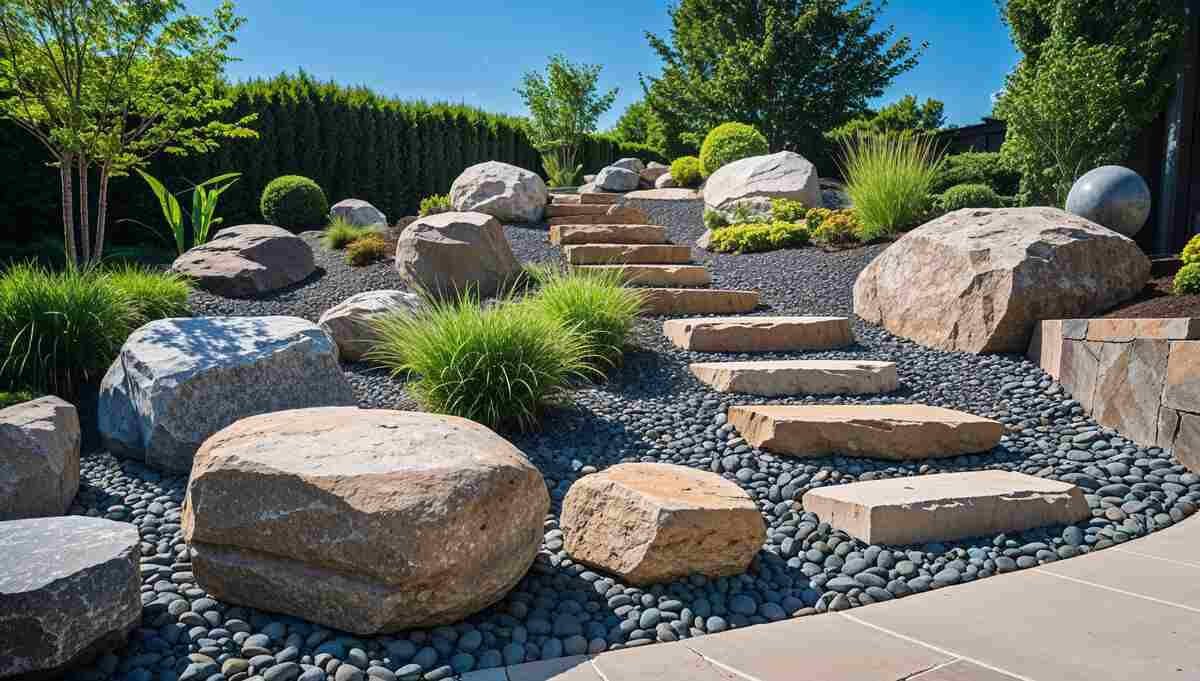 High-quality landscaping rocks in a modern garden with a stone pathway.