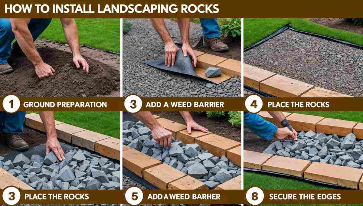 An infographic showing the step-by-step process of installing landscaping rocks in a garden.