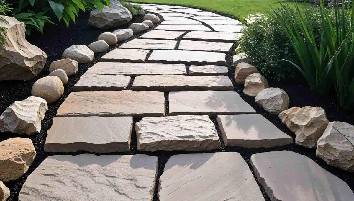 A scenic stone pathway surrounded by landscaping rocks in a beautifully designed garden.