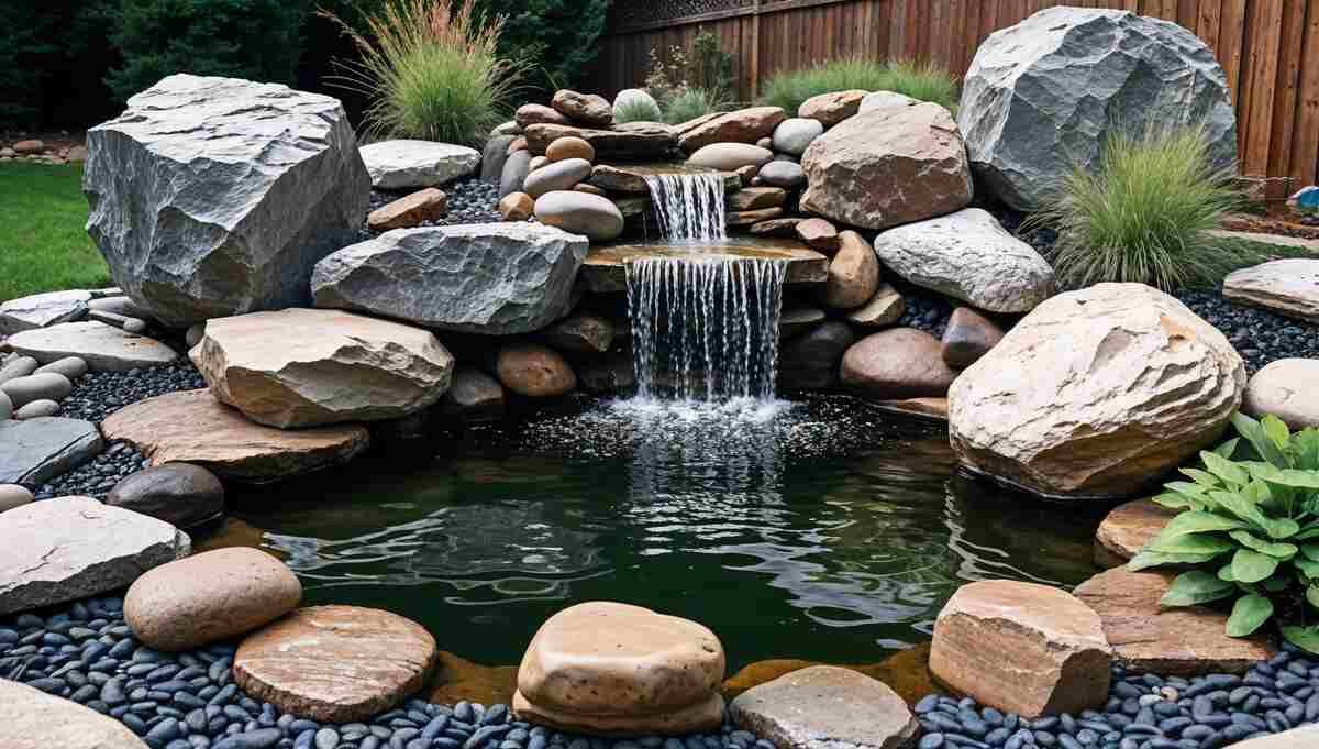 A serene backyard pond with a waterfall, surrounded by decorative landscaping rocks.