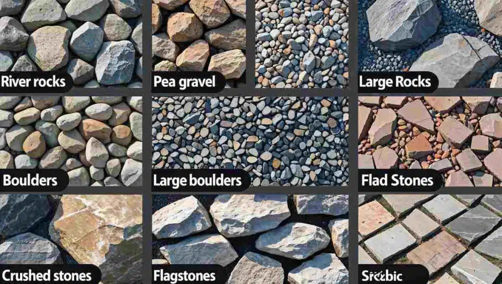 Different types of landscaping rocks, including river rocks, pea gravel, boulders, crushed stones, and flagstones.